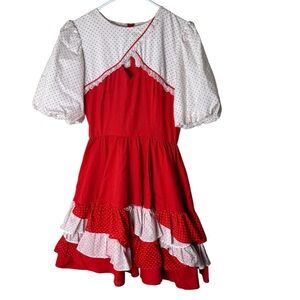 Vintage handmade red & white polka dot puff sleeve western babydoll midi dress
